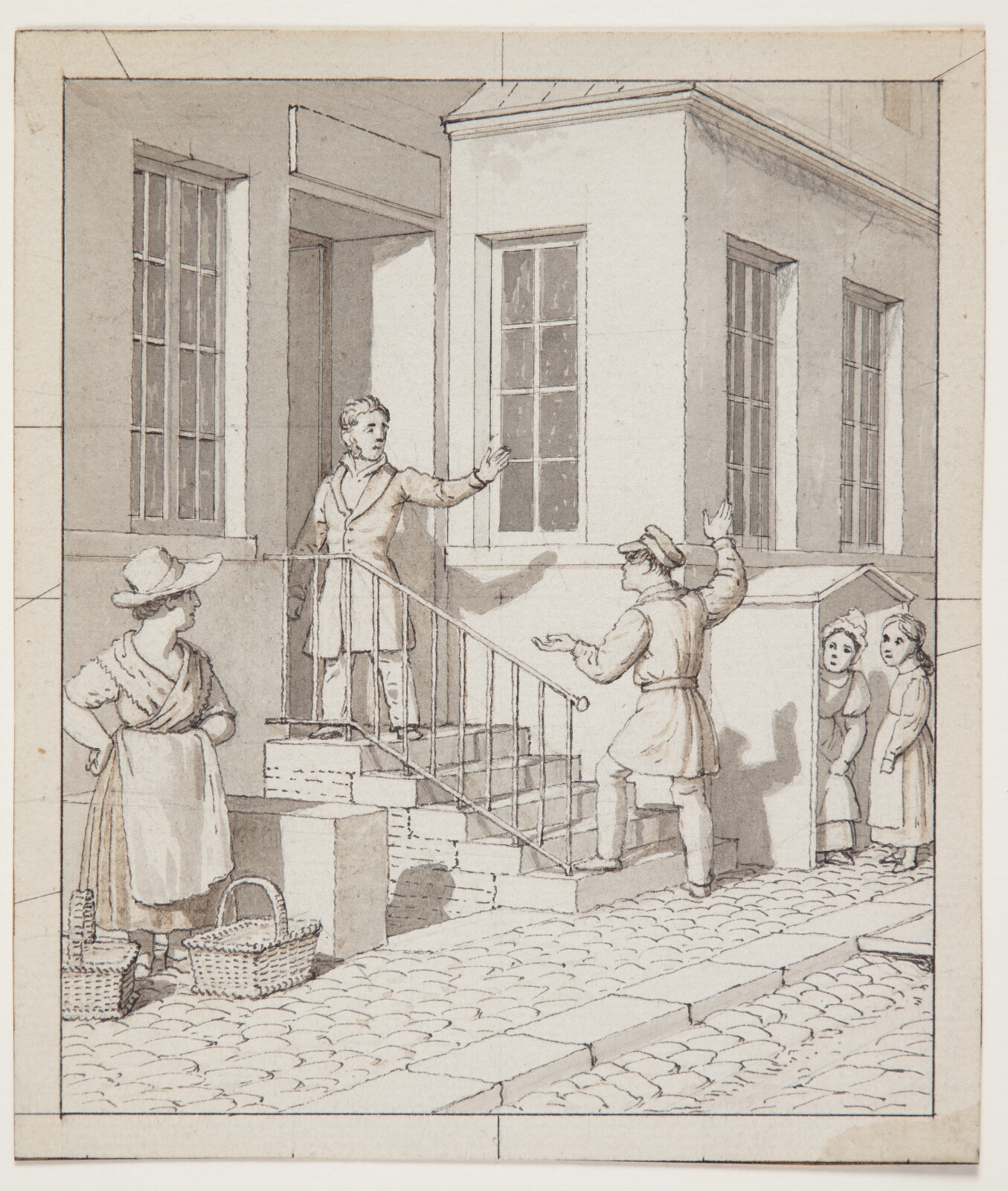 C.W. Eckersberg, Skænderi på gadetrappen. Forstudie til "Linearperspectiven anvendt paa Malerkunsten", Tavle VII, 2