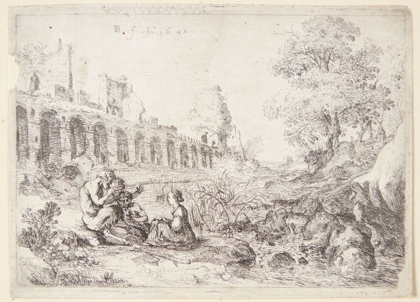 Bartholomeus Breenbergh, Nymfen Korsika siddende med tre satyrer