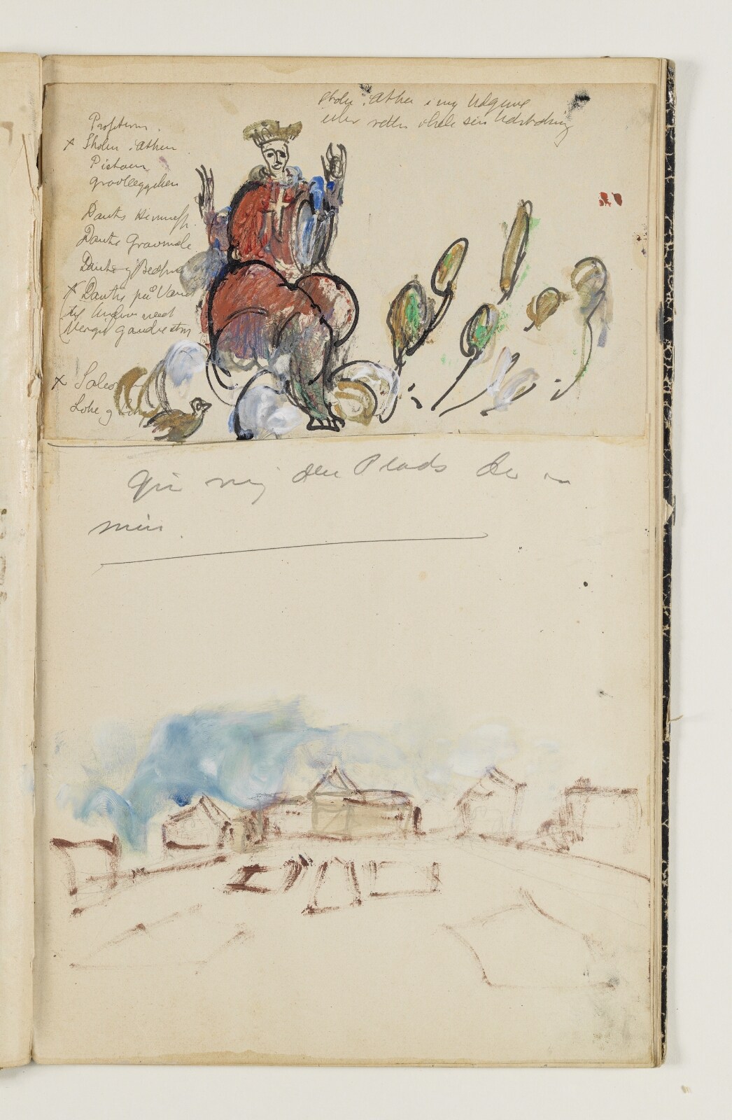 J.A. Jerichau (II), Figurstudie og parti med bygninger, formentlig "Den Fries" udstillingsbygning, København. Desuden liste over kunstnerens malerier, formentlig både planlagte og fuldførte