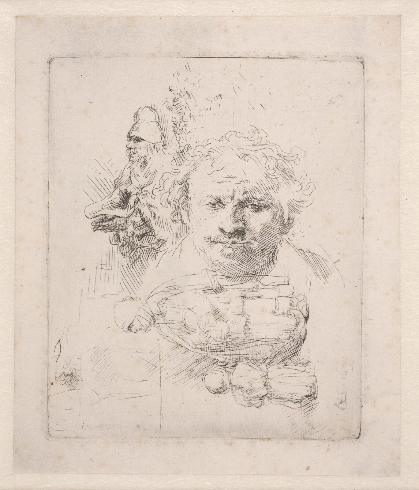 Rembrandt van Rijn, Studieblad med selvportræt, en tigger, en kvinde og et barn