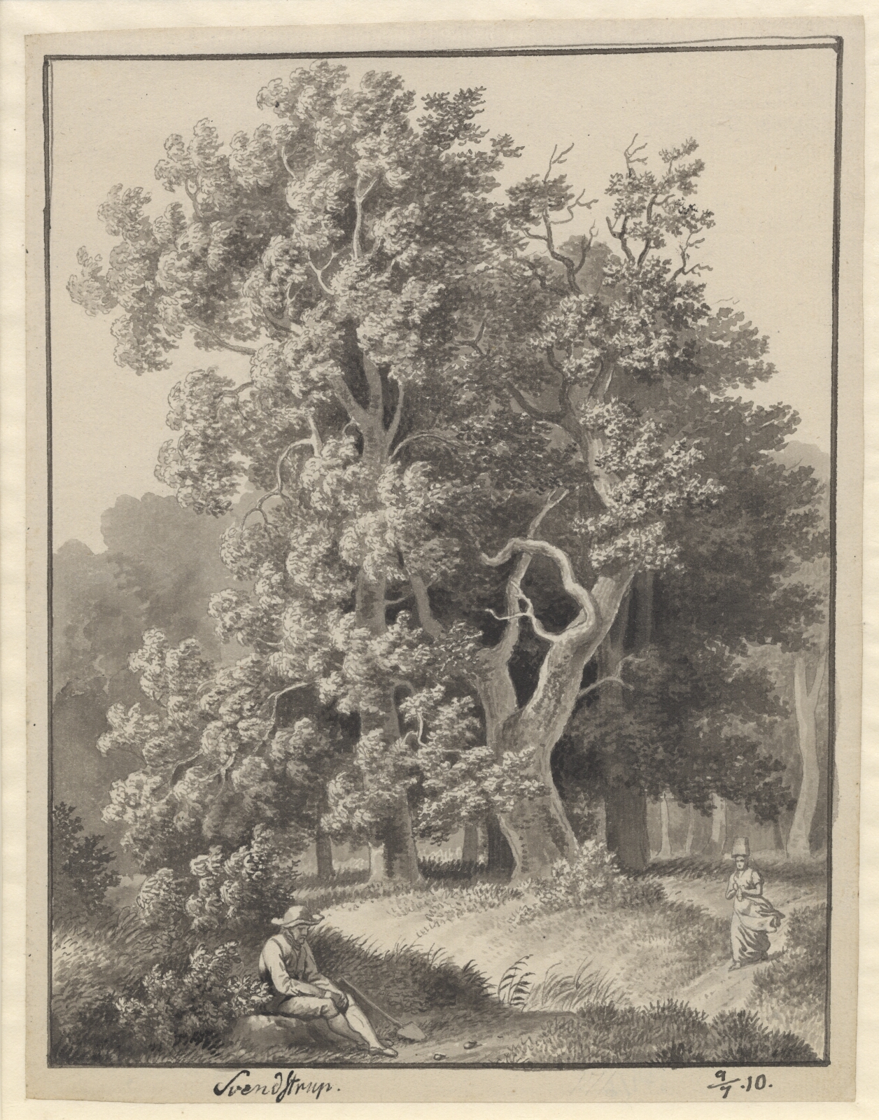 C.W. Eckersberg, Skovparti ved Svendstrup med et par figurer, forrest en siddende mand med en spade