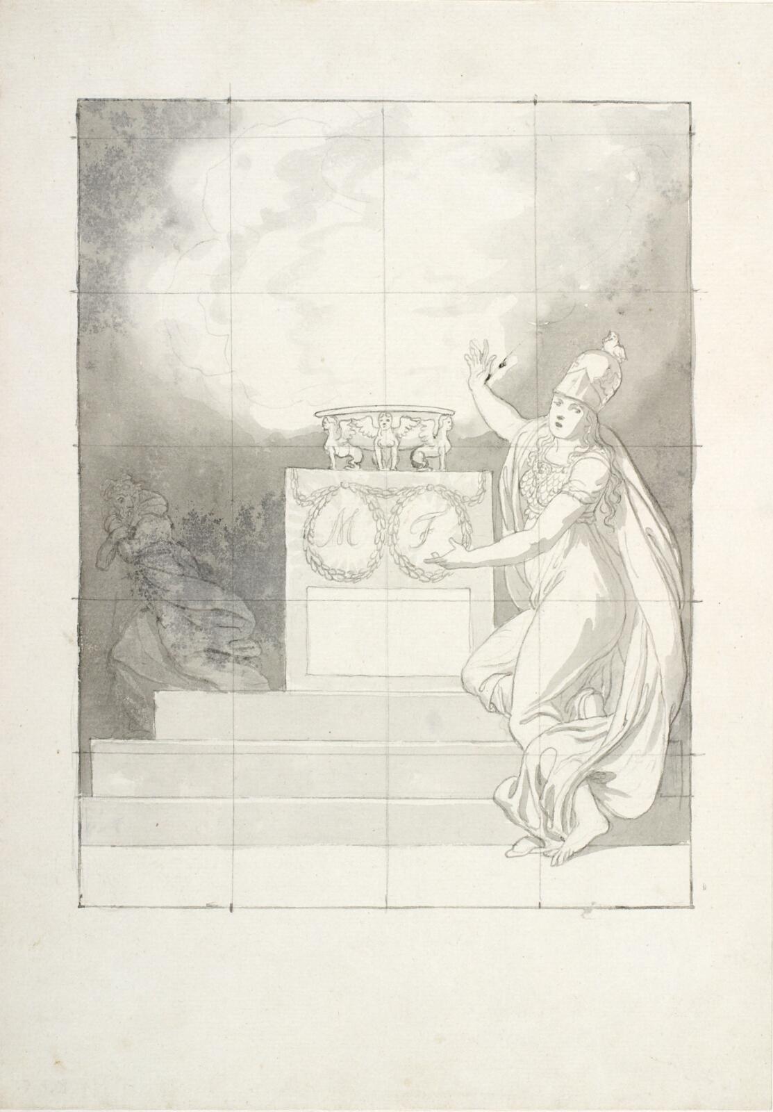 C.W. Eckersberg, Allegorisk komposition: Athena foran et alter med rygende trefod, hvorfra en gammel kvindeskikkelse flygter
