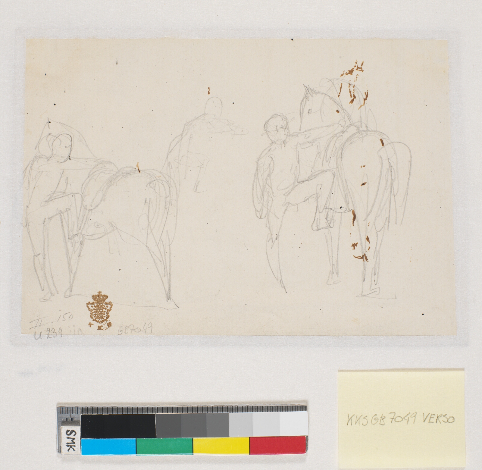 Wilhelm Marstrand, To blyantsstudier af rytter der er ved at stige til hest