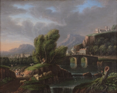 A Landscape with a Waterfall and a Stone Bridge