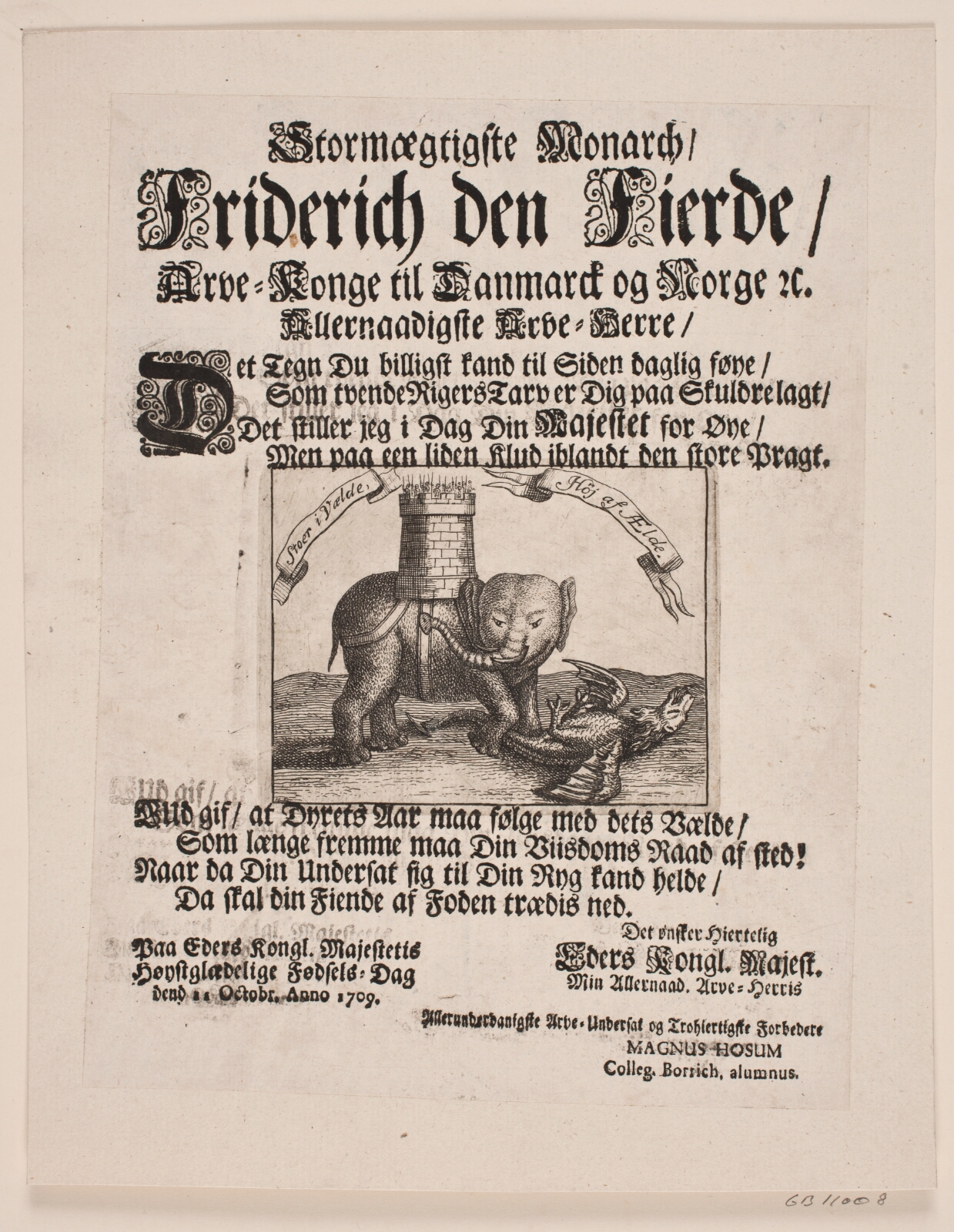 Ubekendt dansk, Væbnet elefant, der søndertræder en drage. Blad udsendt 1709 i anledning af Fredrik IV's fødselsdag