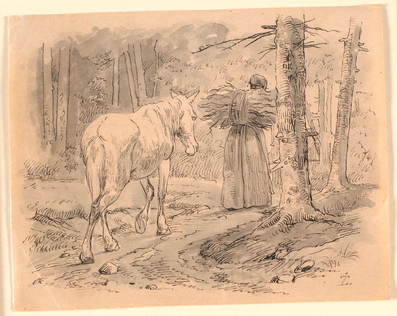 Johan Thomas Lundbye, Konen og hesten. Illustration til Kaalunds "Fabler for Børn". Se kommentar fra arkkatalog.