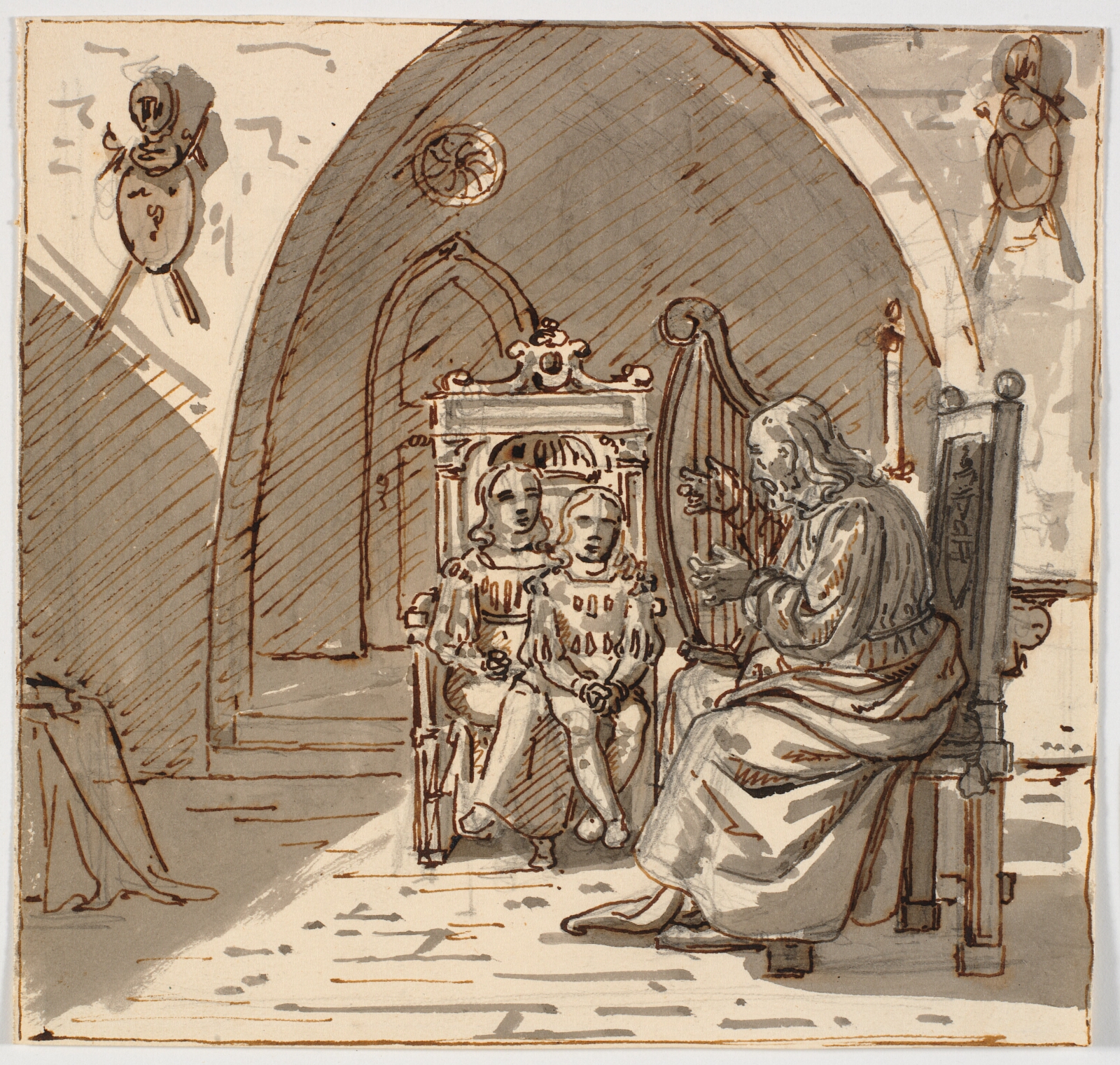 Martinus Rørbye, "Gotisk" scene. En skjald spiller harpe for to børn i en tronstol