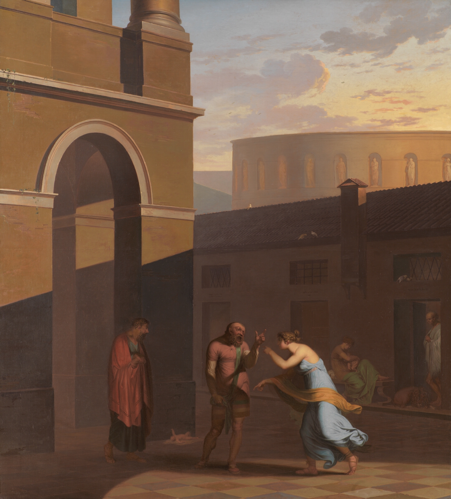 Nicolai Abildgaard, Davus taler med Mysis, Androspigens tjenestepige, som har lagt det nyfødte barn uden for Simos hus. Den lyttende Cremes opgiver sin datters forbindelse med Pamfilus. Motiv fra Terents: Pigen fra Andros