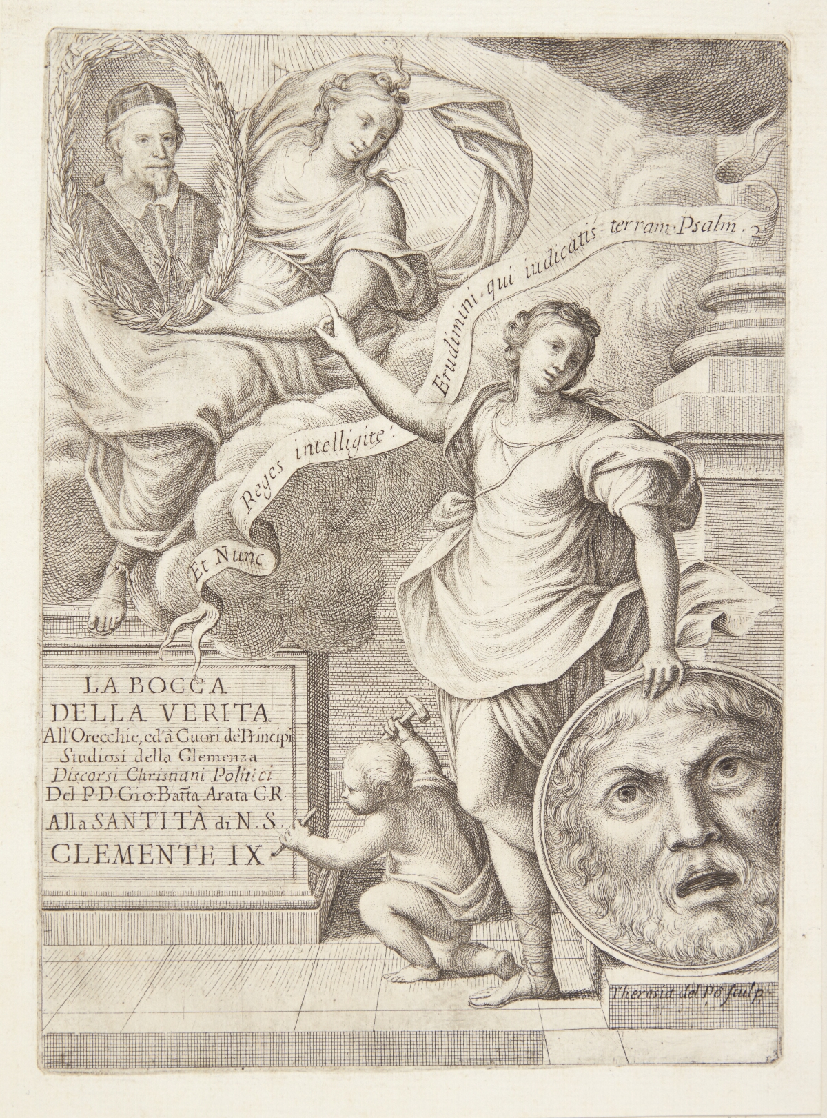 La Bocca della Verita. Titelvignet med portræt af pave Clemens IX, 1646 ...