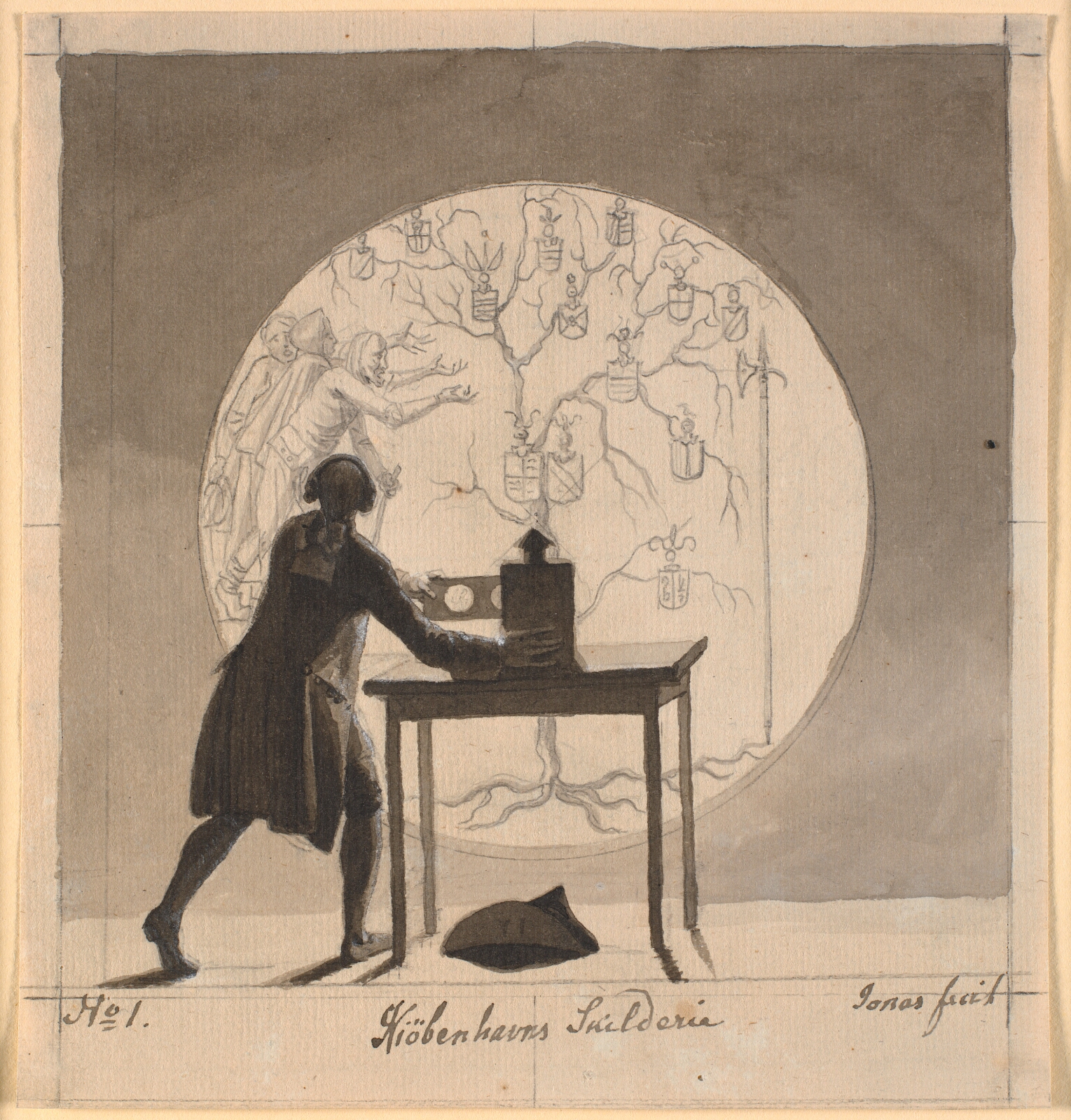 Nicolai Abildgaard, En mand med et laterna magica viser et udgået stamtræ