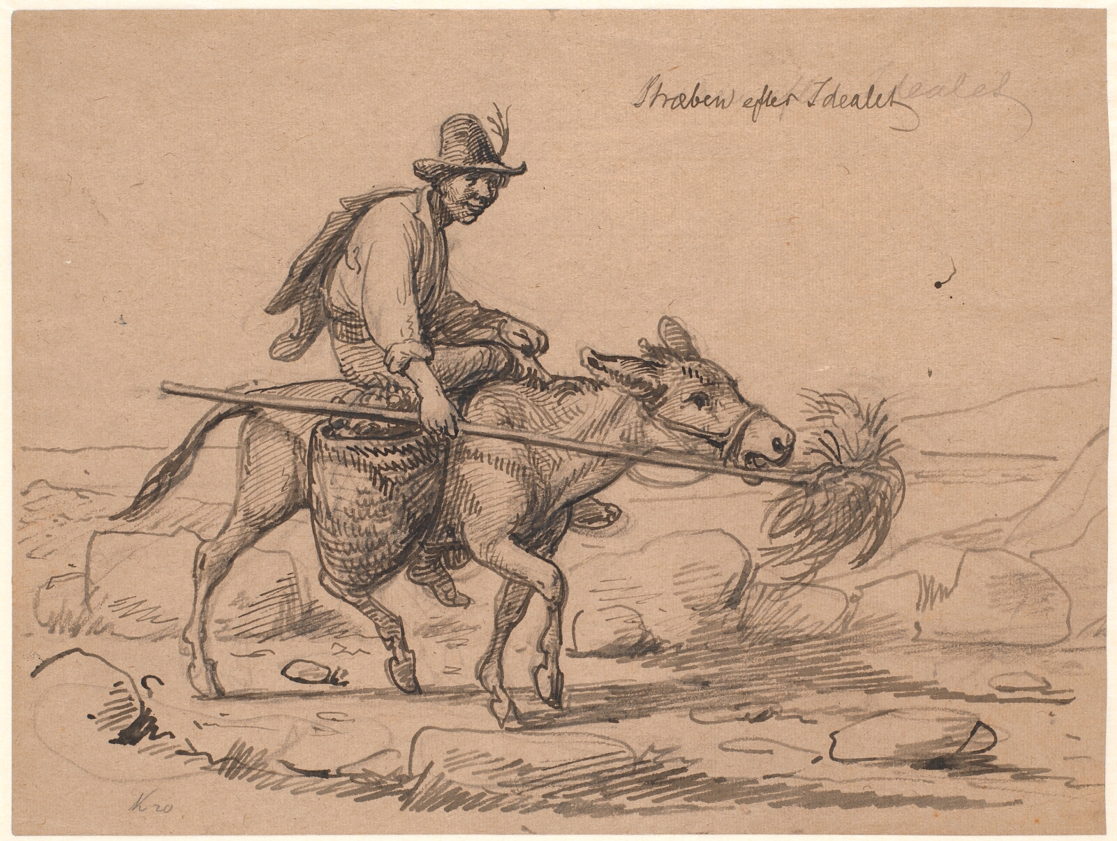 Wilhelm Marstrand, "Stræben efter idealet". Italiensk æselrytter driver dyret frem ved at holde en visk hø på en stang for dets snude
