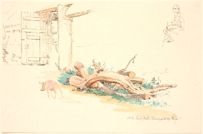 Nogle træstammer og en gris foran en ladeport, øverst til højre studie af siddende røgter, Lundbye, Johan Thomas, 1847