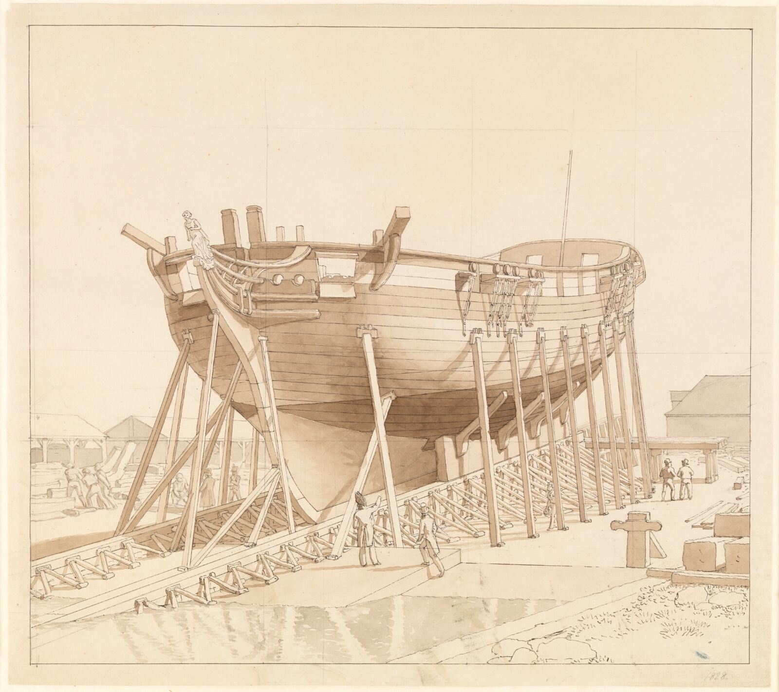 C.W. Eckersberg, En Korvet på stablen. Nyholm med spanteloftsbygningen i baggrunden.