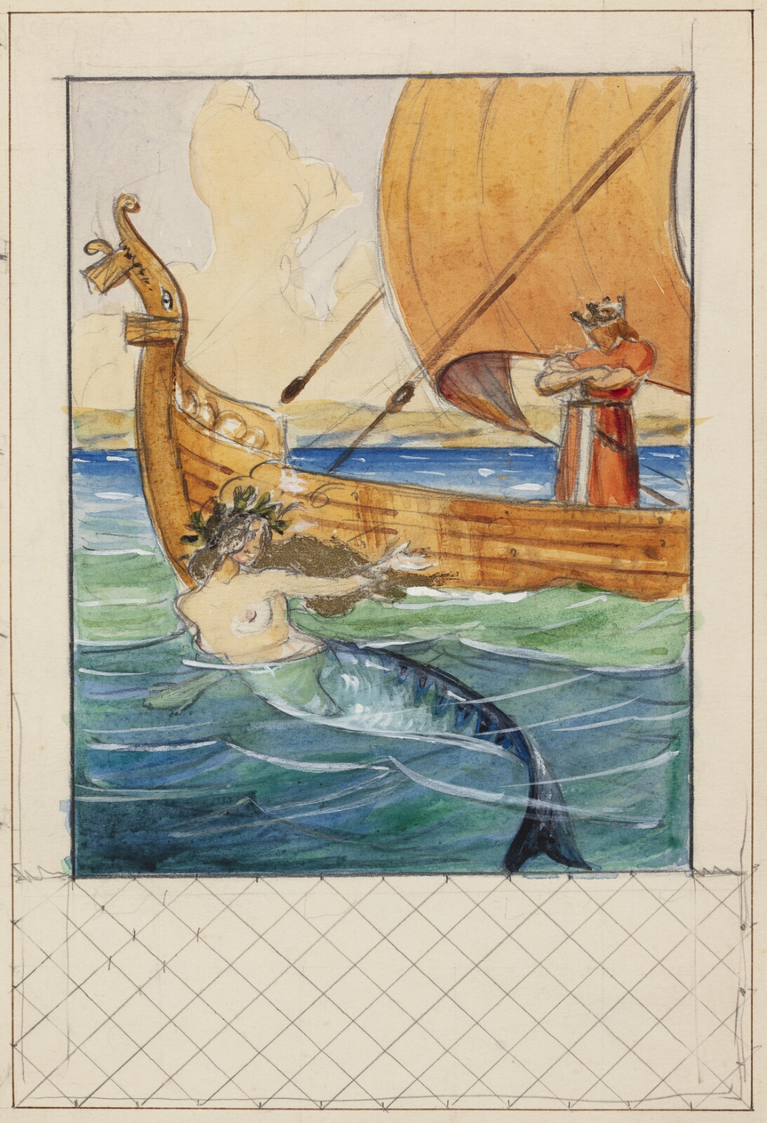 Agnes Slott-Møller, Illustration til Oehlenschläger med havfrue og en konge på et skib indpasset i rammeudkast