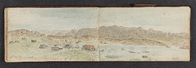 Fjeldlandskab med huse, Khristianshaab, Møller, Lars, 1883