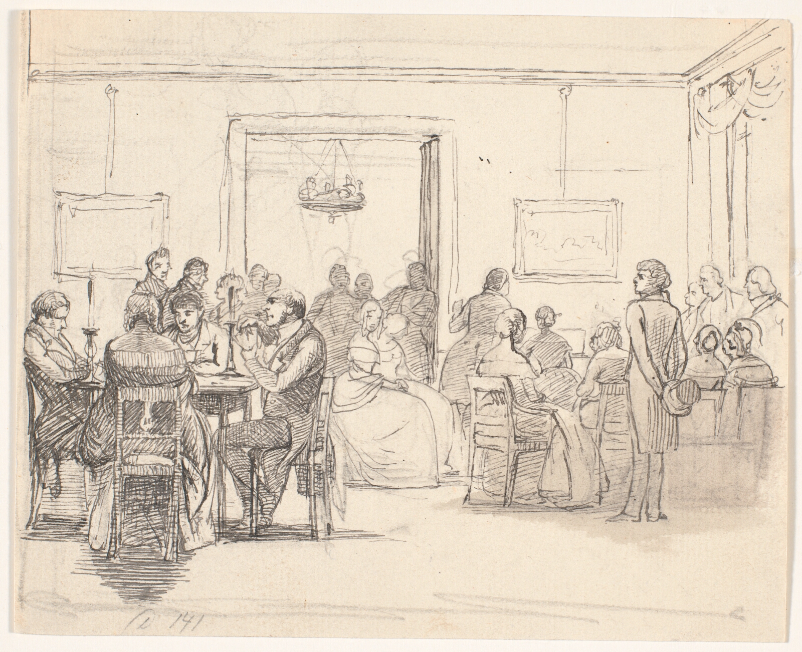 Wilhelm Marstrand, Københavnsk selskabsscene, t.v. kortspillere, t.h. musiceres der