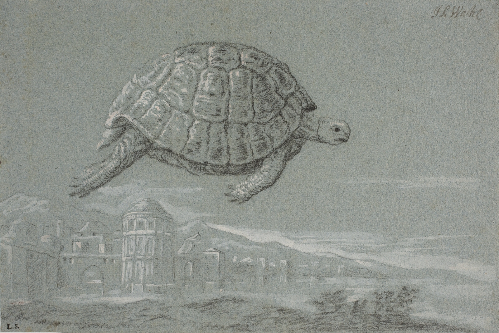 Johann Salomon Wahl, Studie af en skildpadde, og prospekt af en befæstet by ved havet (Venedig)