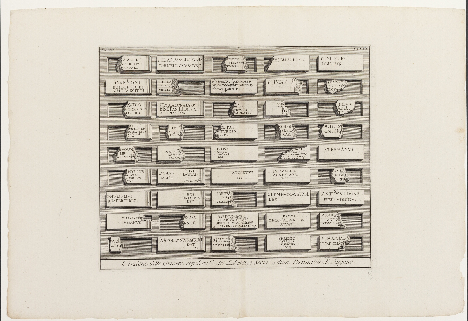 Giovanni Battista Piranesi, Iscrizioni delle Camere sepolcrali de' Liberti e Servi, ec. della Famiglia di Augusto, XXXVI