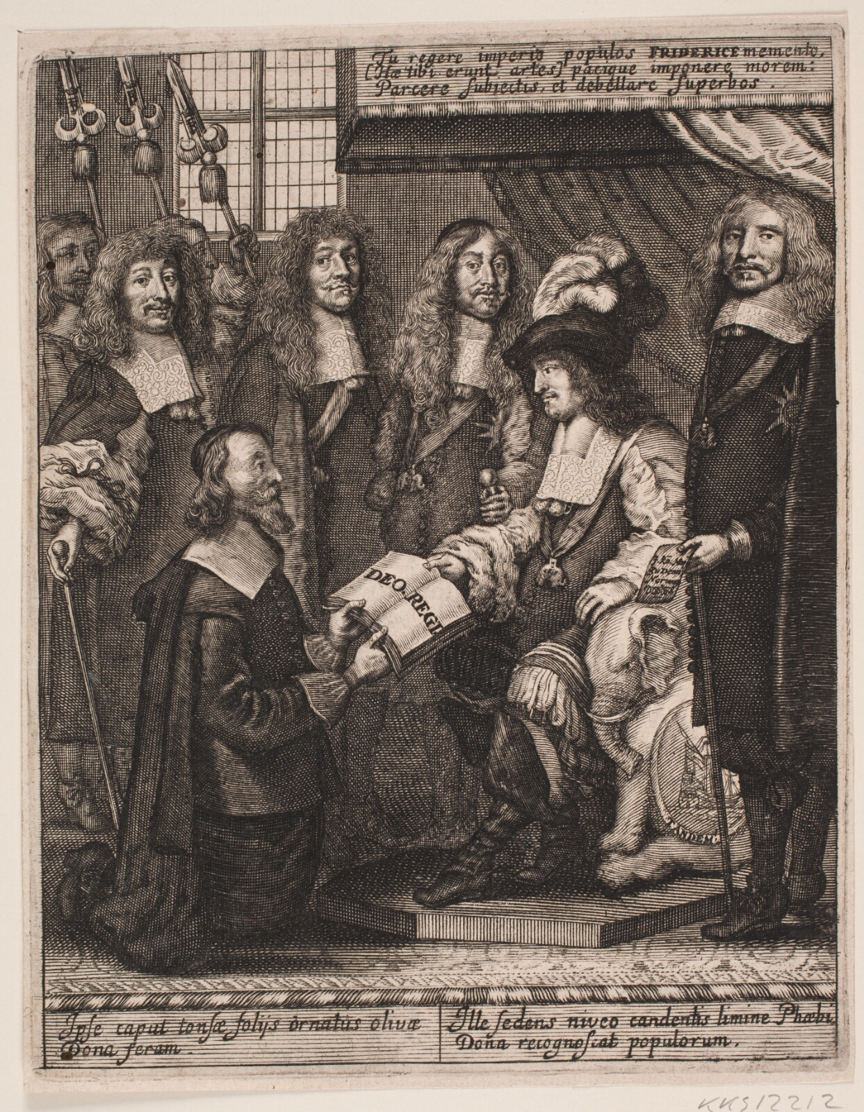 Albert Haelwegh, Simon Paulli overrækker Frederik III en bog. Illustration til Simon Paulli, "Quadripartitum Botanicum", 1667