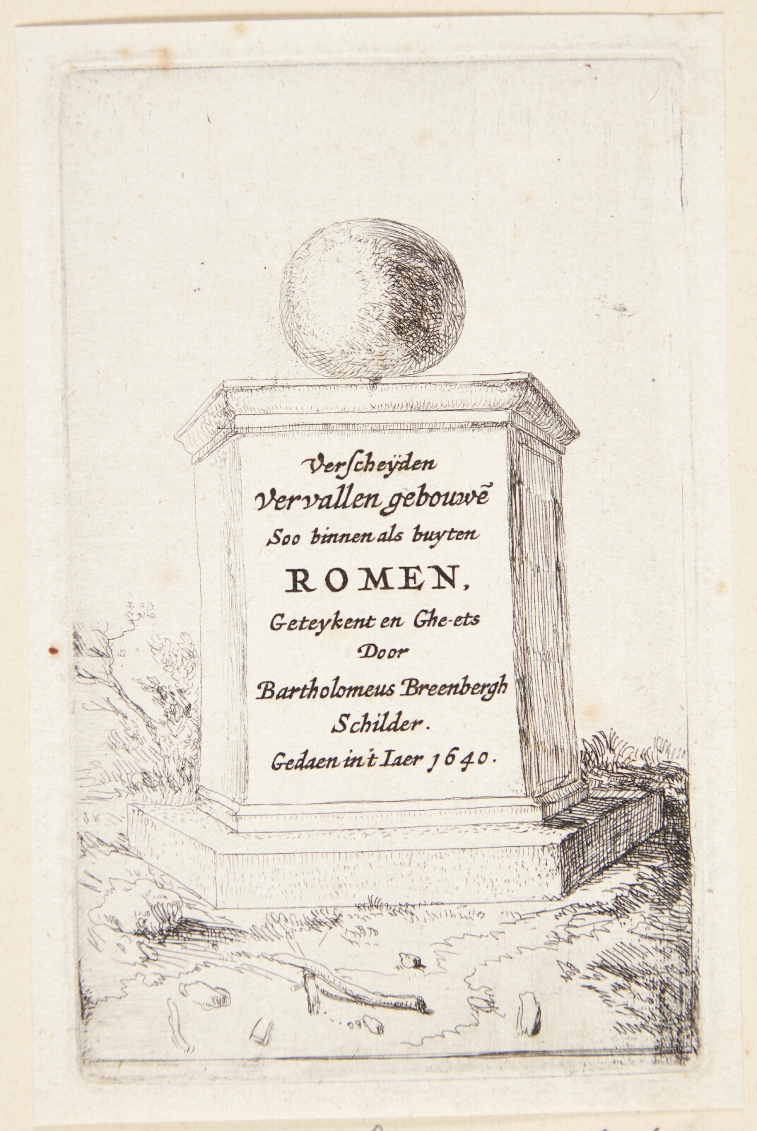 Bartholomeus Breenbergh, Sokkel med en kugle. Titelblad til "Romerske ruiner"