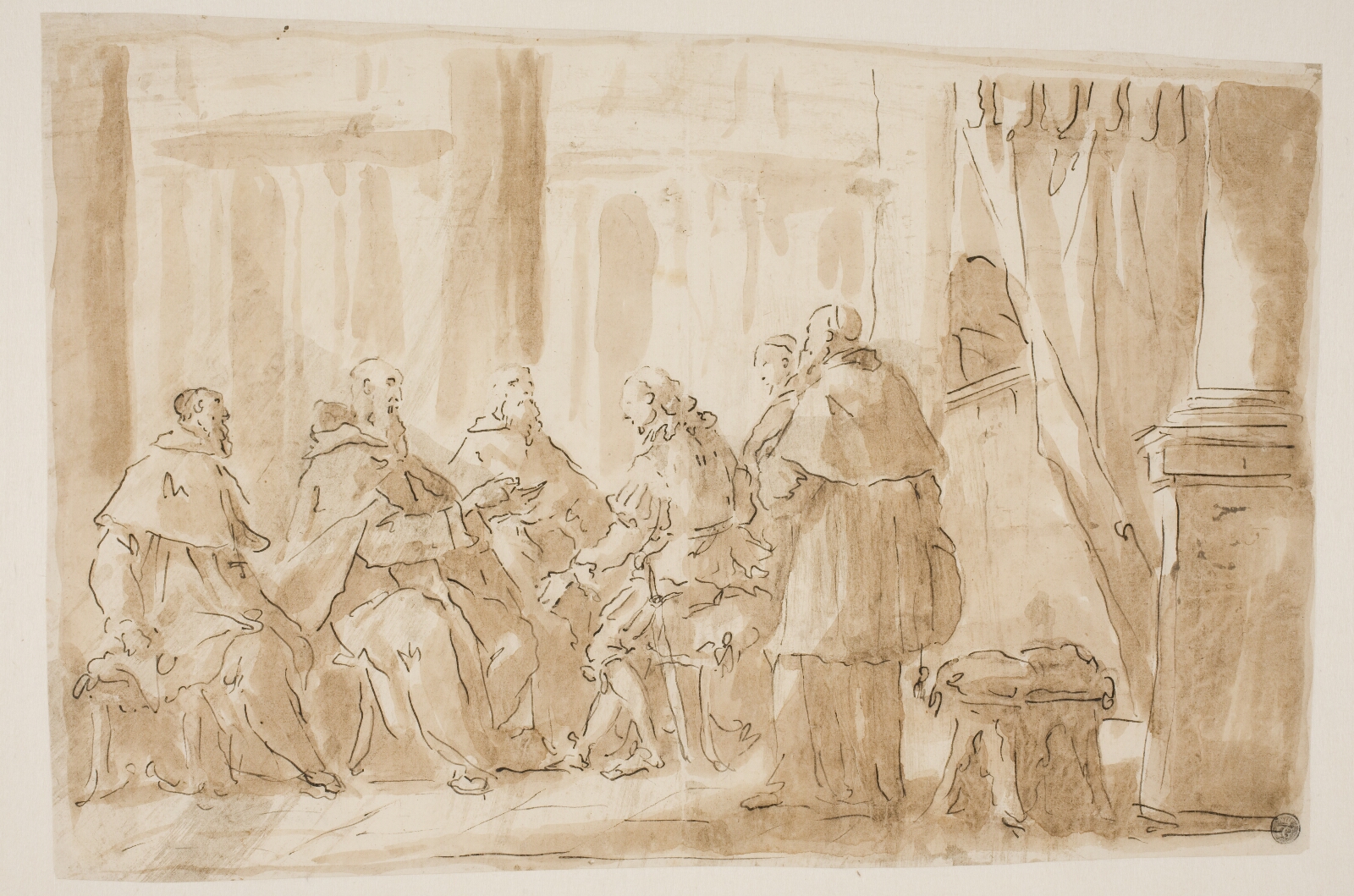 Giovanni Antonio Pellegrini, En gruppe med fem gejstlige, der taler med en lægmand