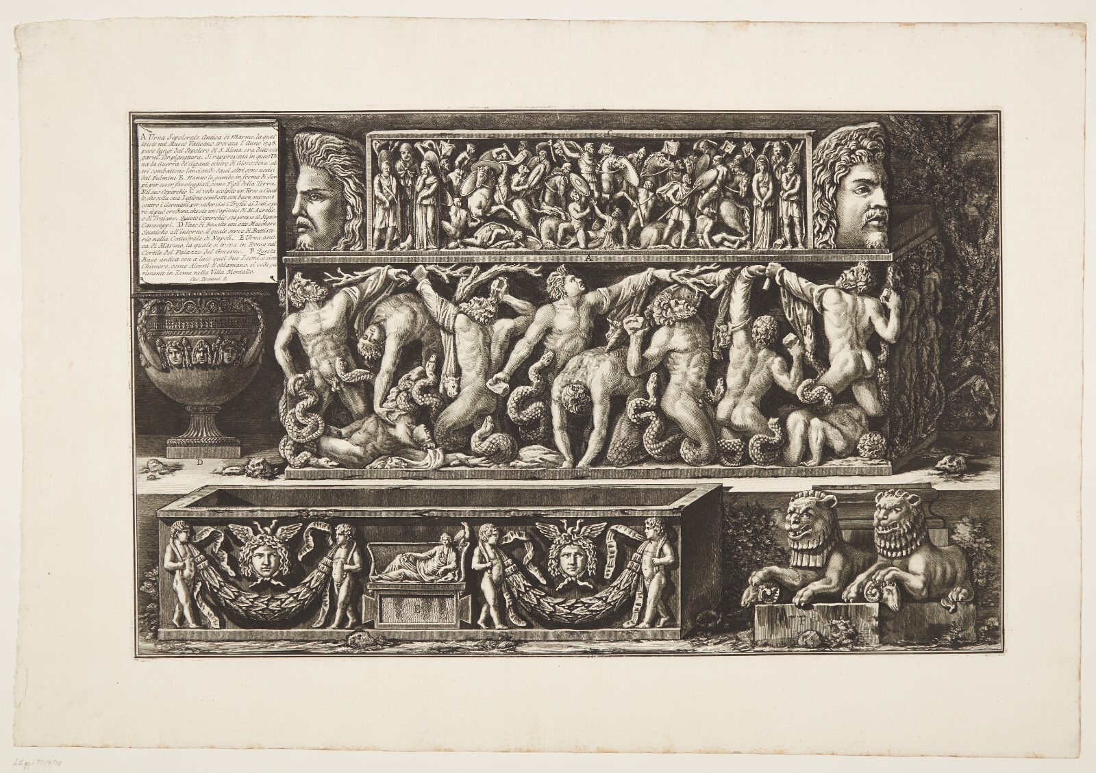 Giovanni Battista Piranesi, Marmorrelieffer og en sarkofag med et relief forestillende giganternes kamp mod Jupiter. Fundet nær S. Costanza's grav i 1748