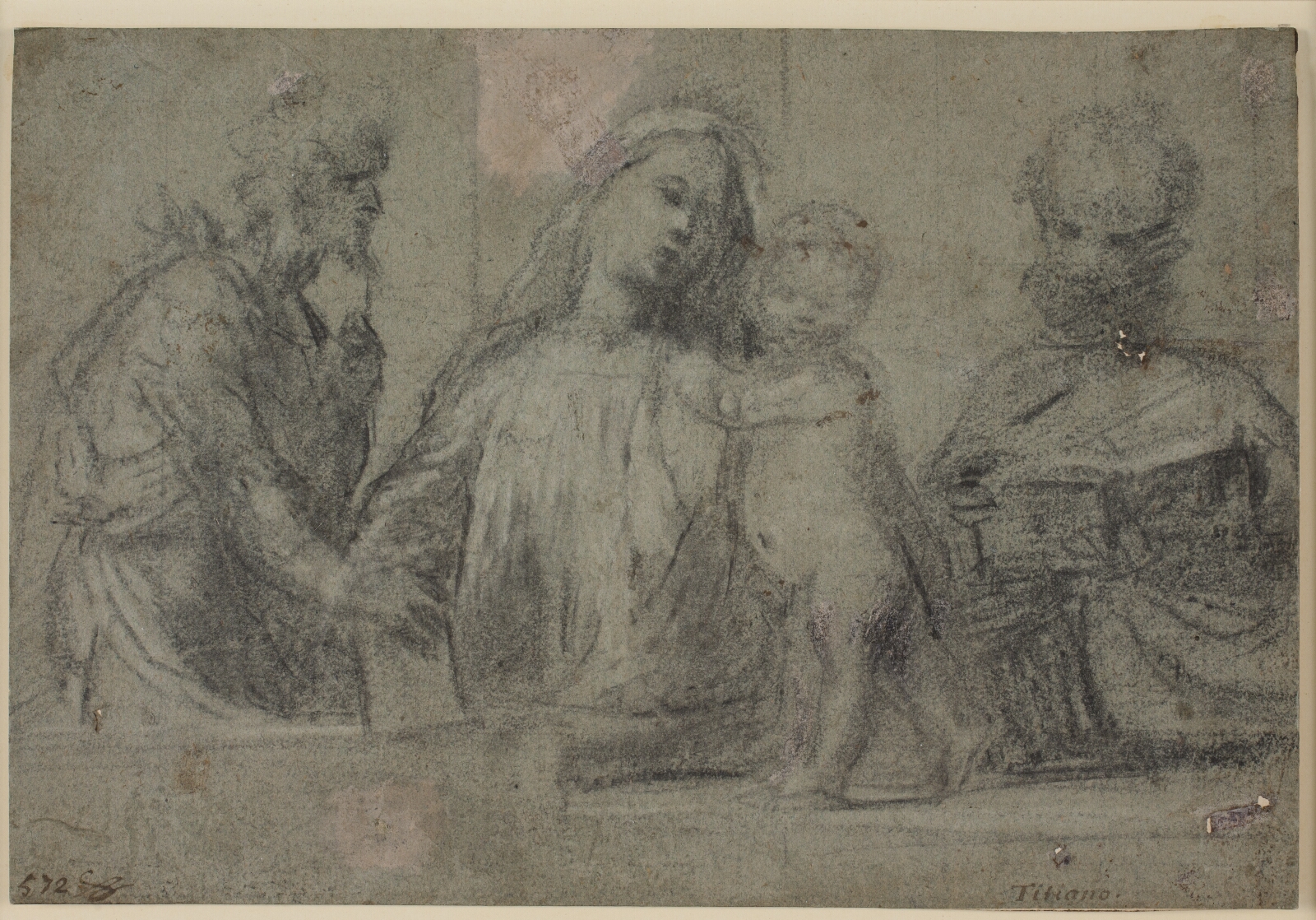 Tizian, Jomfru Maria med Jesusbarnet flankeret af Johannes Døberen og Sankt Peter, halv figur