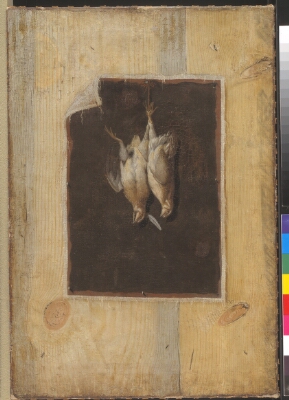 Trompe l'Oeil. Board Partition with a Still Life of Two Dead Birds Hanging on a Wall