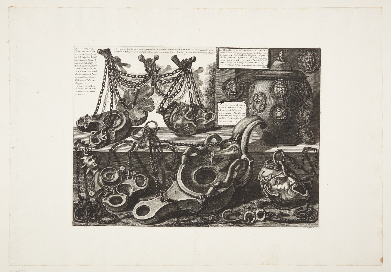 Giovanni Battista Piranesi, En vase samt forskellige lamper, hvoraf nogle er formet som menneskeansigter eller masker