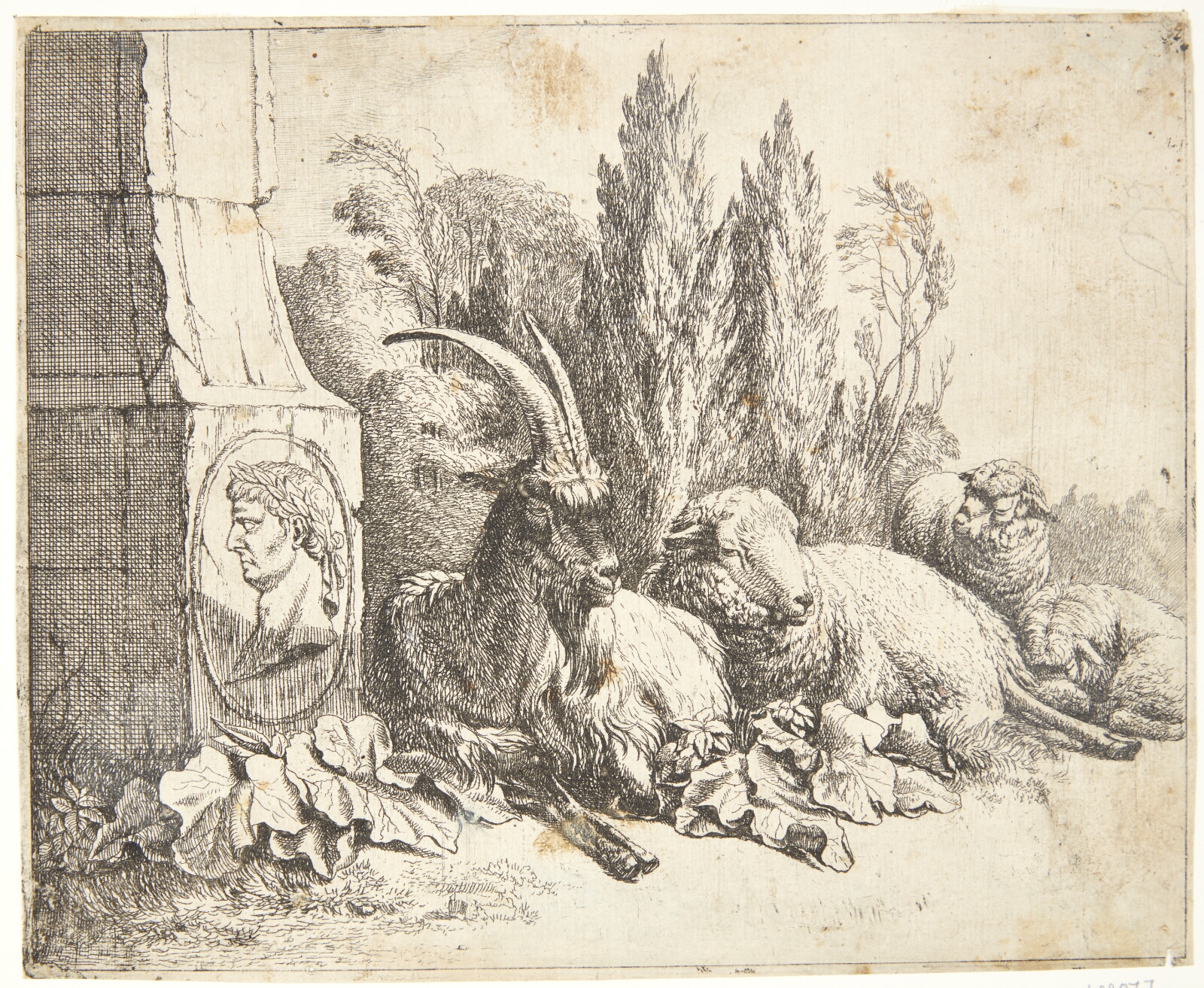 Johann Heinrich Roos, Liggende ged og tre får nær en obelisk med buste af romersk kejser