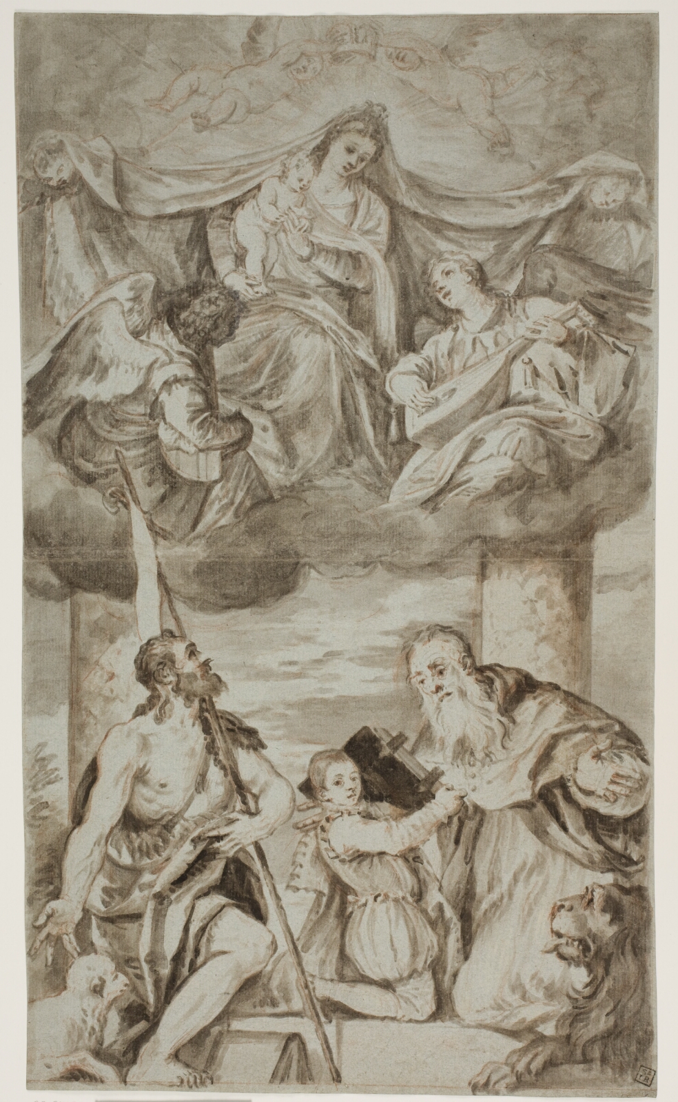 Paolo Veronese, Jomfru Maria med Jesusbarnet omgivet af engle i skyerne med Johannes Døberen og Hieronymus, efter Paolo Veroneses maleri tidligere i S. Francesco della Vigna, Venedig