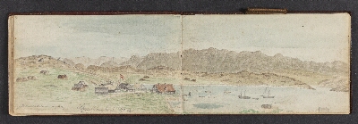 Fjeldlandskab med huse, Khristianshaab, Møller, Lars, 1883