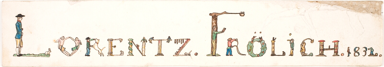 Lorenz Frølich, Navneskilt med Lorenz Frølichs navn. Bogstaverne består af små figurer.