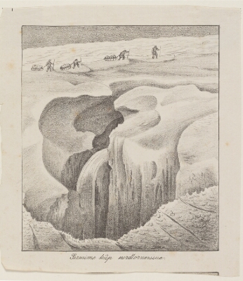 Fire mænd med trækslæder gående ved en gletcherspalte ("Sermime kûp Kordlornerssua"), Møller, Lars, 1878-1879