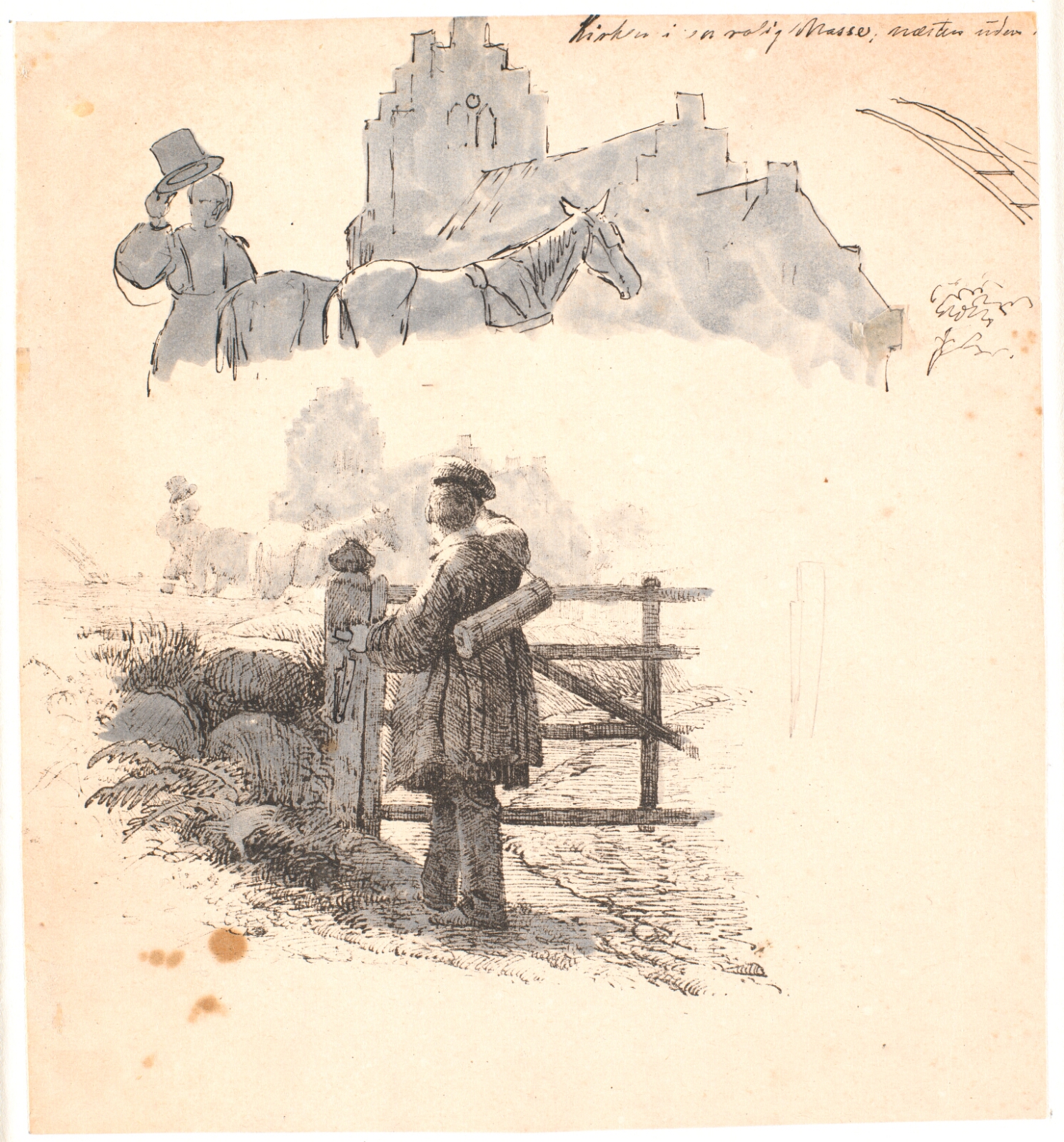 Johan Thomas Lundbye, Aftenstunden. F.o. studie af bonde-manden ved kirken. Illustration til Kaalunds "Fabler for Børn". Se kommentar fra arkkatalog.