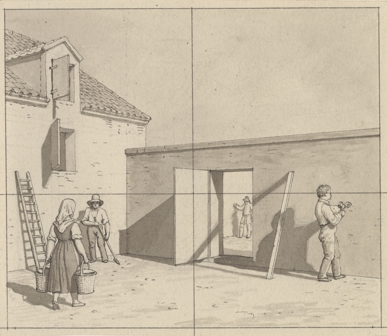 C.W. Eckersberg, Linearperspectiven, anvendt paa malerkunsten - udkast til ikke anvendt illustration - Dansk gårdsplads med fire bønder og håndværkere.