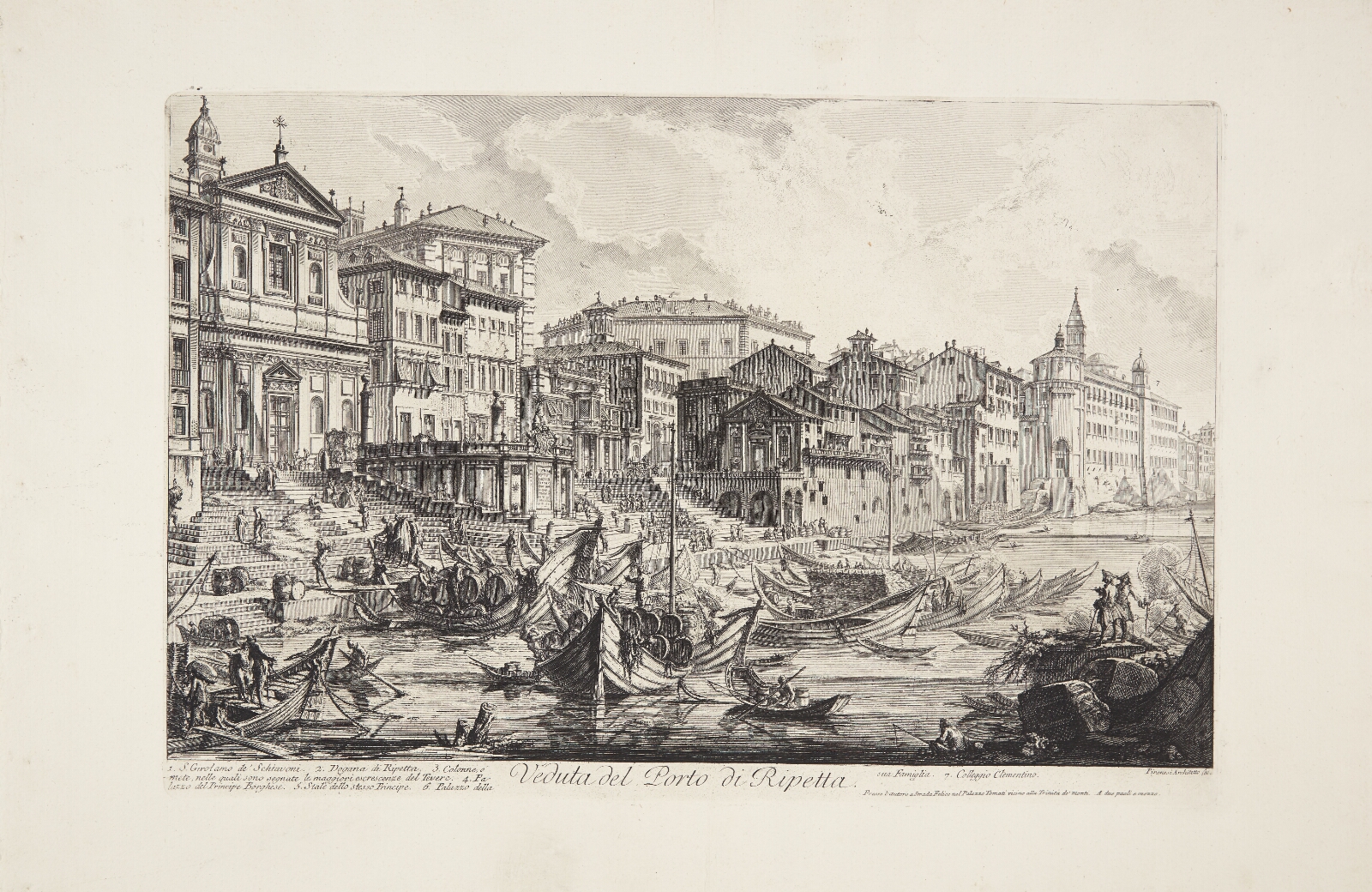 Giovanni Battista Piranesi, Udsigt over havnen ved Ripetta, Rom, med kajer, toldhus og mange pramme lastet med tønder