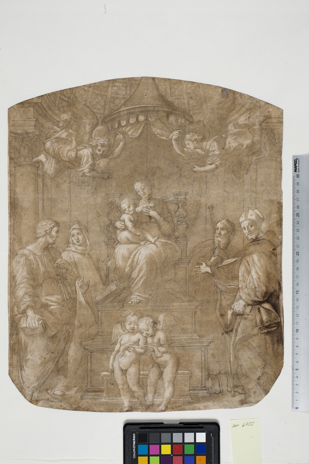 Raphael, Jomfru Maria med barnet omgivet af helgenerne Peter, Bernhard (eller Bruno), Jakob, Augustin og fire engle. Efter Raphaels "Madonna del Baldacchino"