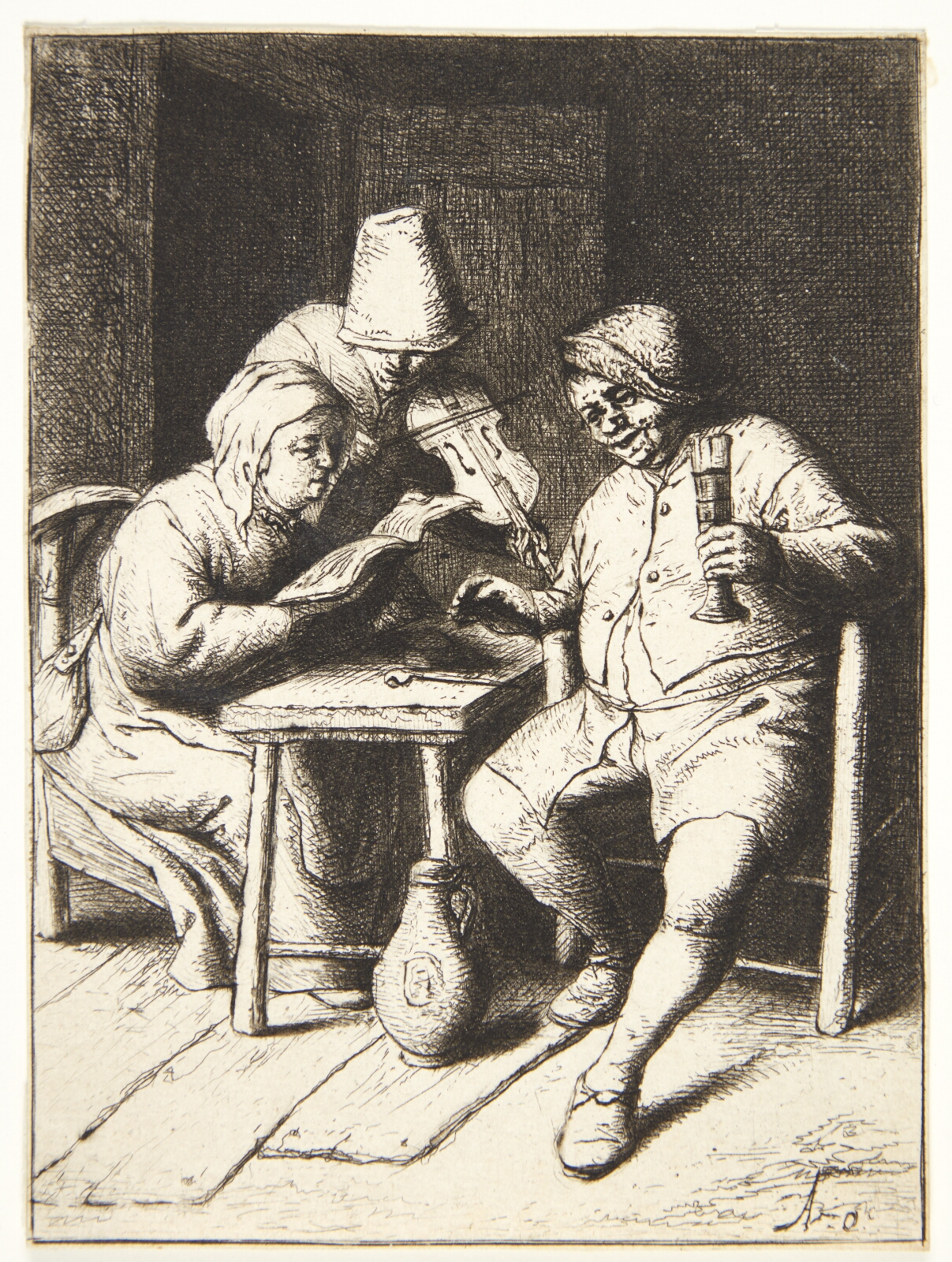 Adriaen van Ostade, Kvinde, som synger, akkompagneret af en fiolspiller og en mand, der drikker