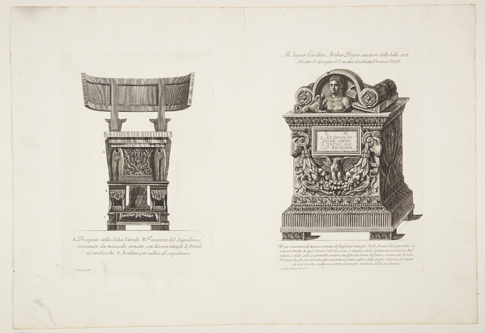 Giovanni Battista Piranesi, Urne udsmykket med en ørn, flankeret af vædderhoveder, samt frontal afbildning af samme kuriale stol som i forrige blad