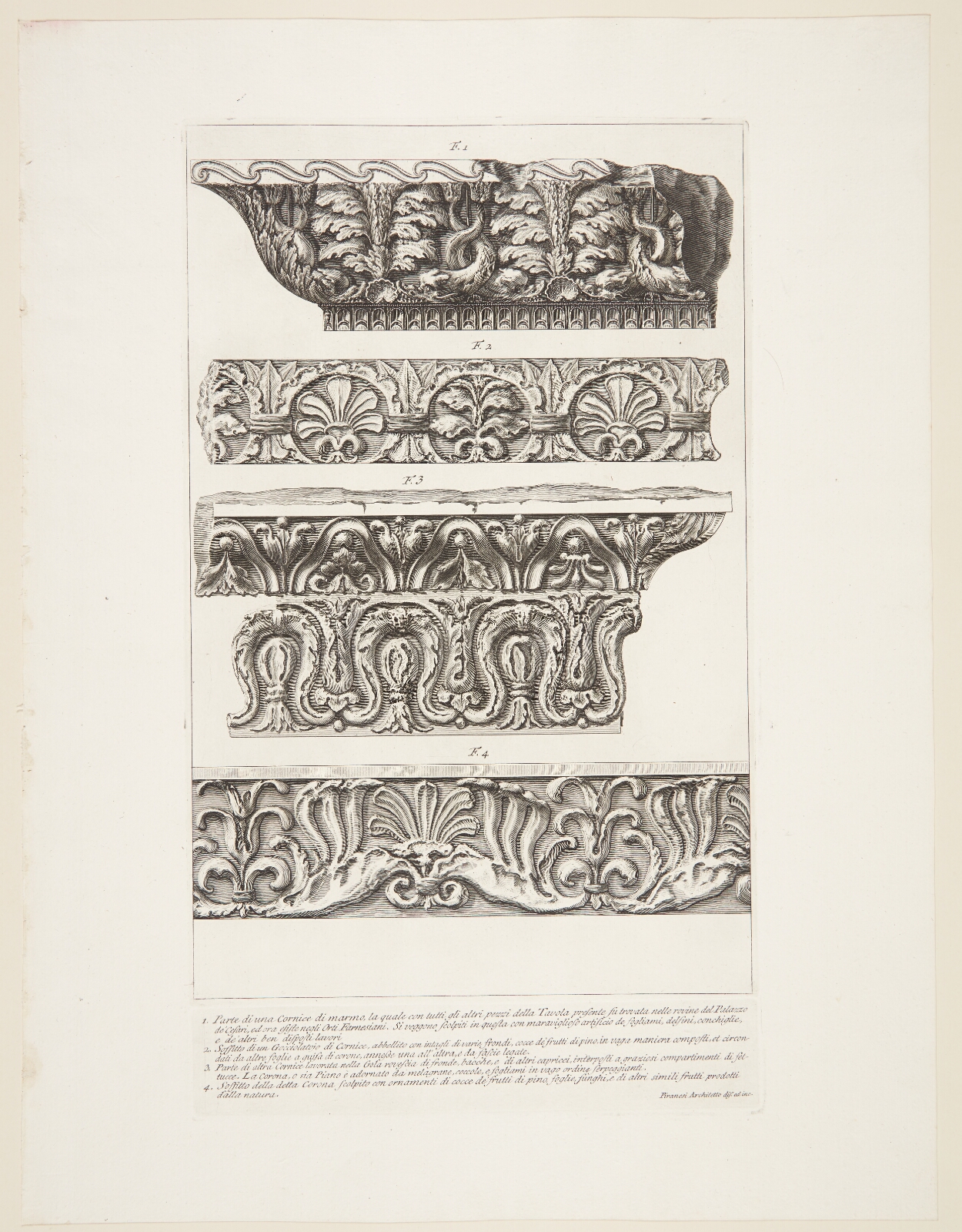Giovanni Battista Piranesi, Fragmenter af friser og cornicher i marmor, fra Orti Farnesiani mm.