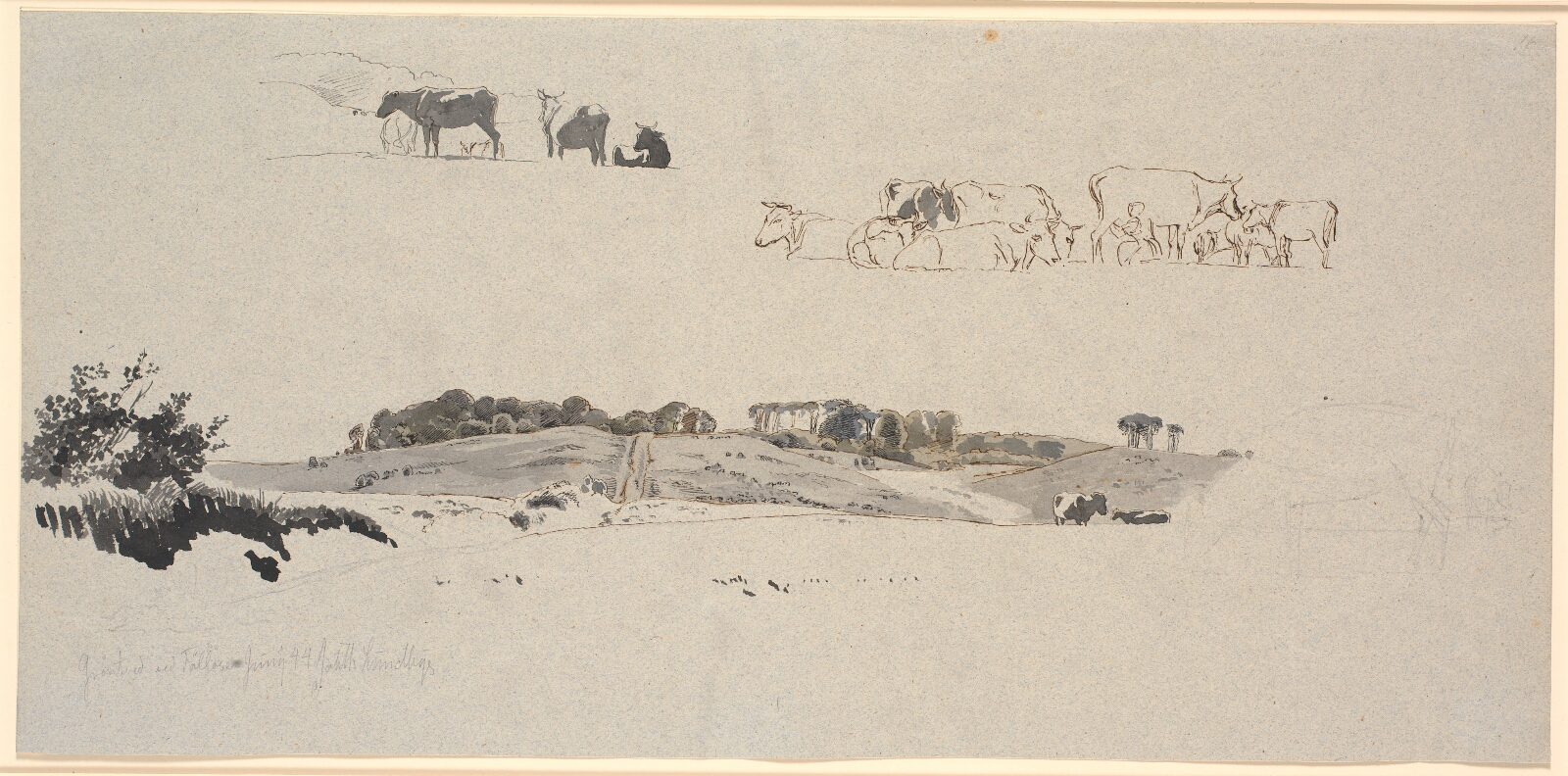 Johan Thomas Lundbye, Studieblad, Grøntved. F.n. bakket landskab med træer, f.o. grupper af kvæg