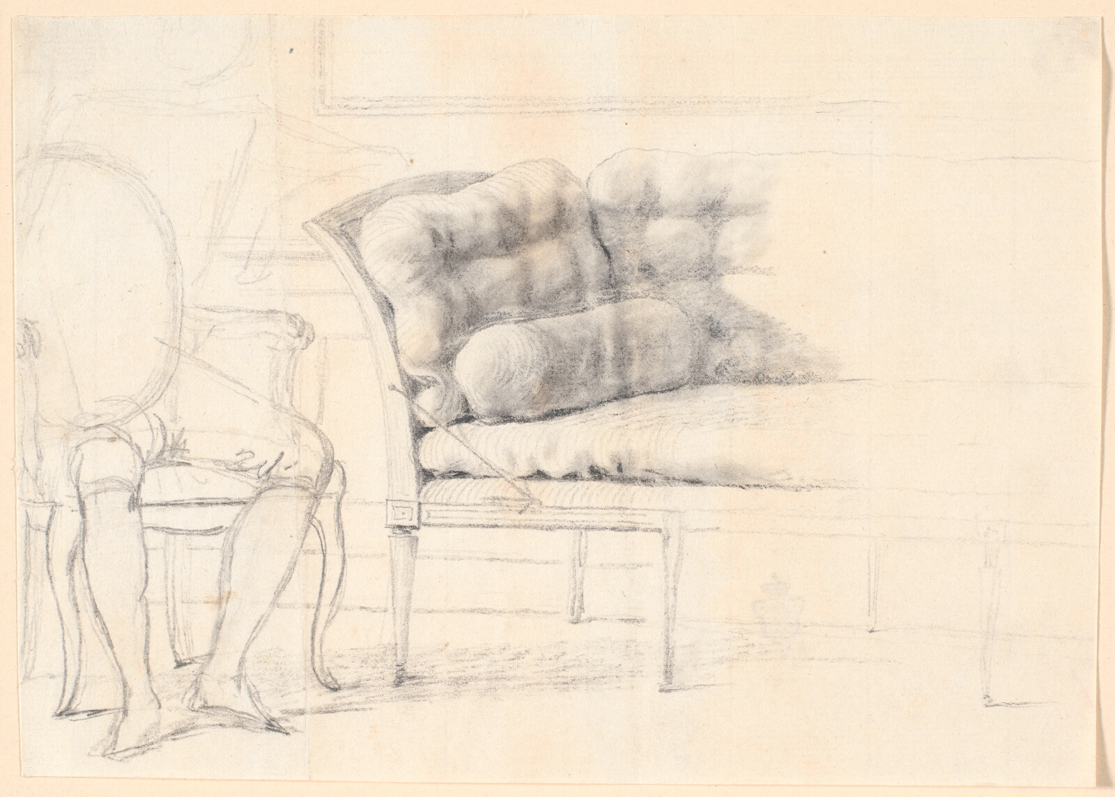 Jens Juel, Studie til det Holmskioldske familiebillede fra 1787: den polstrede sofa, og til venstre en stol med Holmskiolds figur skitseret
