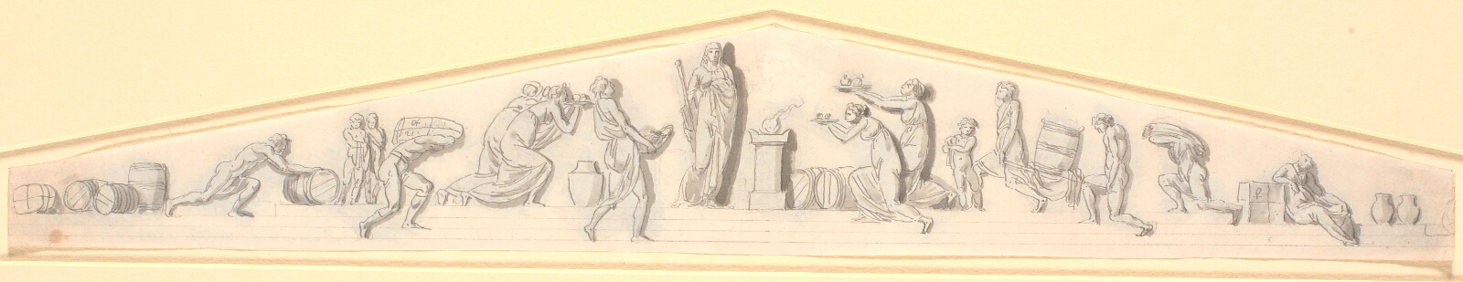 Nicolai Abildgaard, Frontongruppe med talrige figurer, der bringer frugter og varer hen mod et alter, ved hvis side der står en kvinde, symboliserende skibsfarten