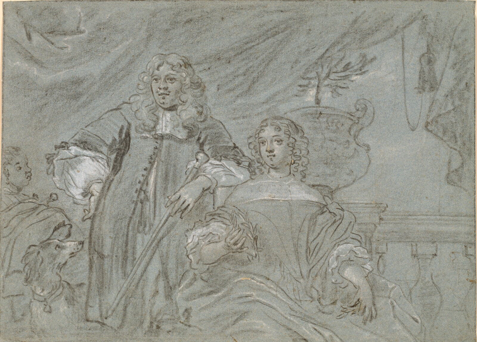 Abraham Lambertsz. van den Tempel, Gruppe af en siddende dame og en stående herre, knæfigurer. I baggrunden en sort afrikaner og en hund, t.h. en ballustrade