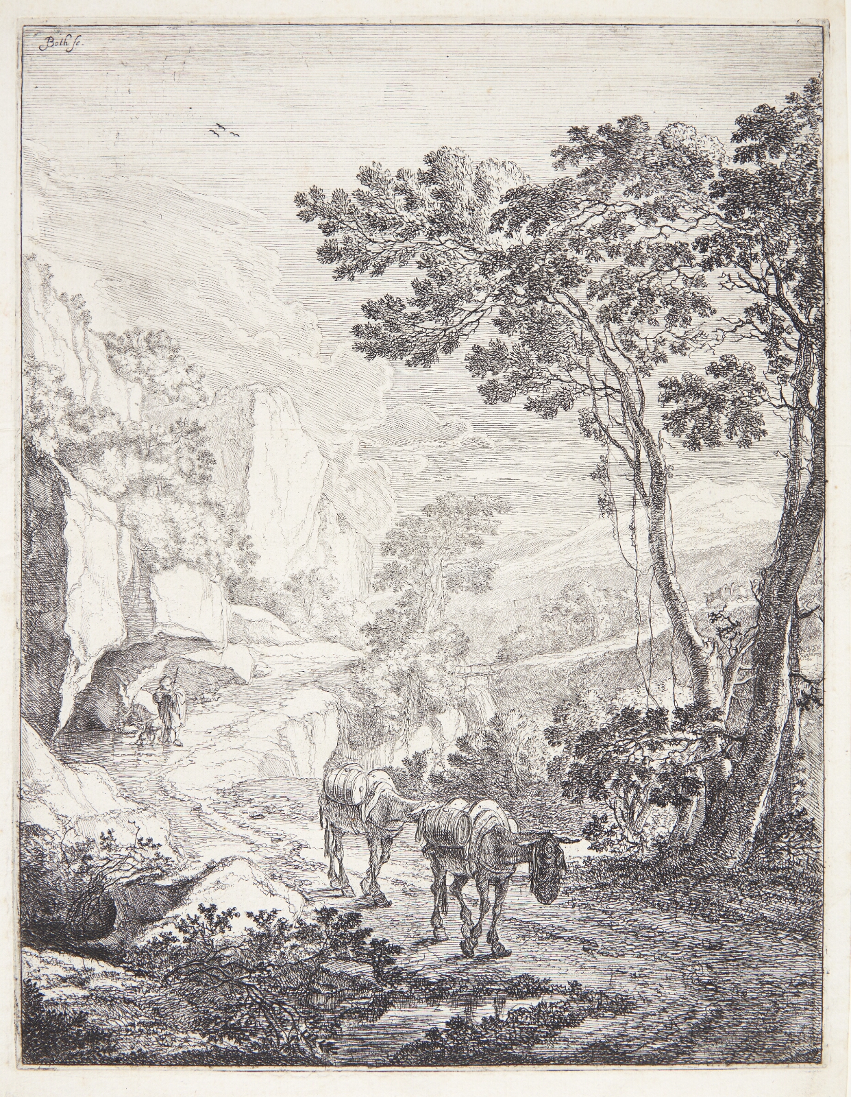 Jan Both, Landskab med to mulæsler på en vej. Rocca Aquatico ved Ancona