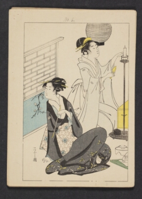 Geishaer forbereder underholdning (aftryk fra konturstok, gul, brun, blå, grøn og mørkegrå stok), Chōbunsai Eishi, 1895-1905