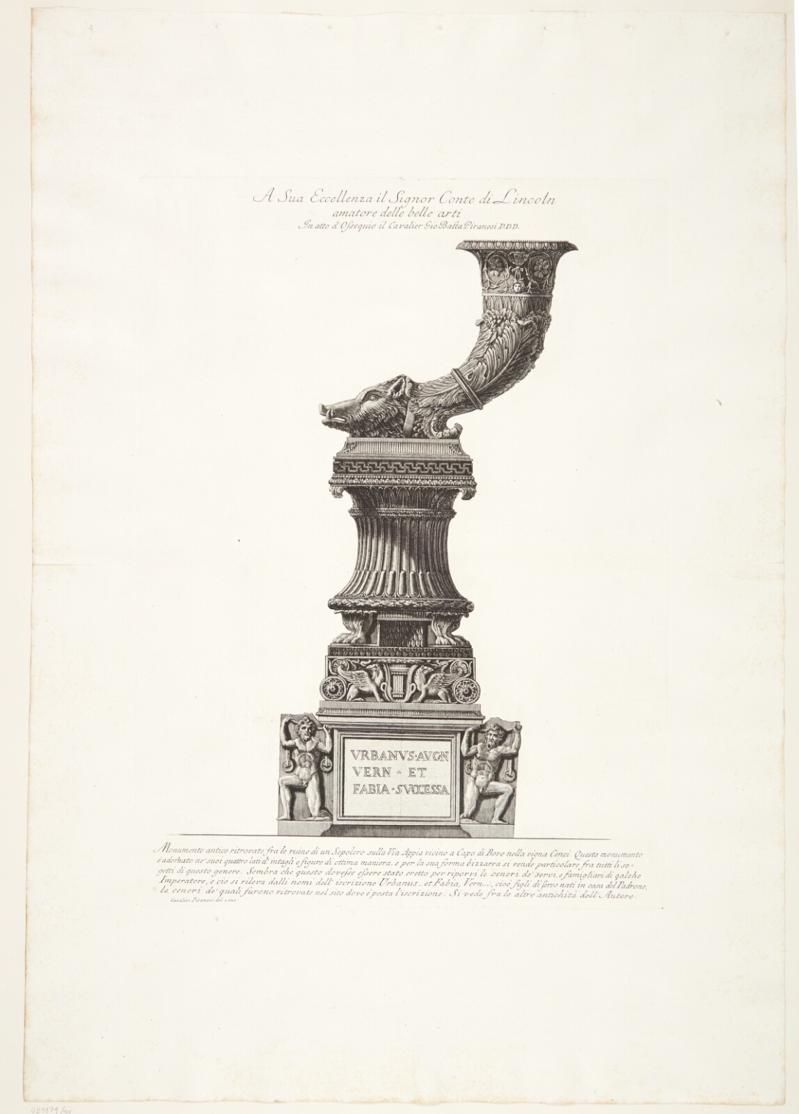 Giovanni Battista Piranesi, Gravmonument formet som en rhyton udsmykket med hovedet af et vildsvin; fundet i en grav på Via Appia