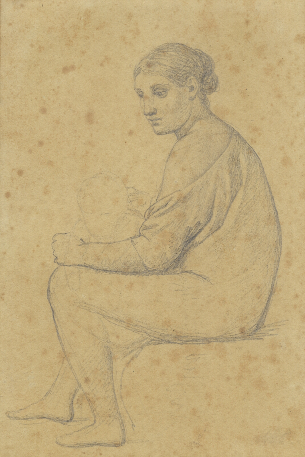 C.W. Eckersberg, En siddede kvinde, til hvis knæ et barn støtter sig.