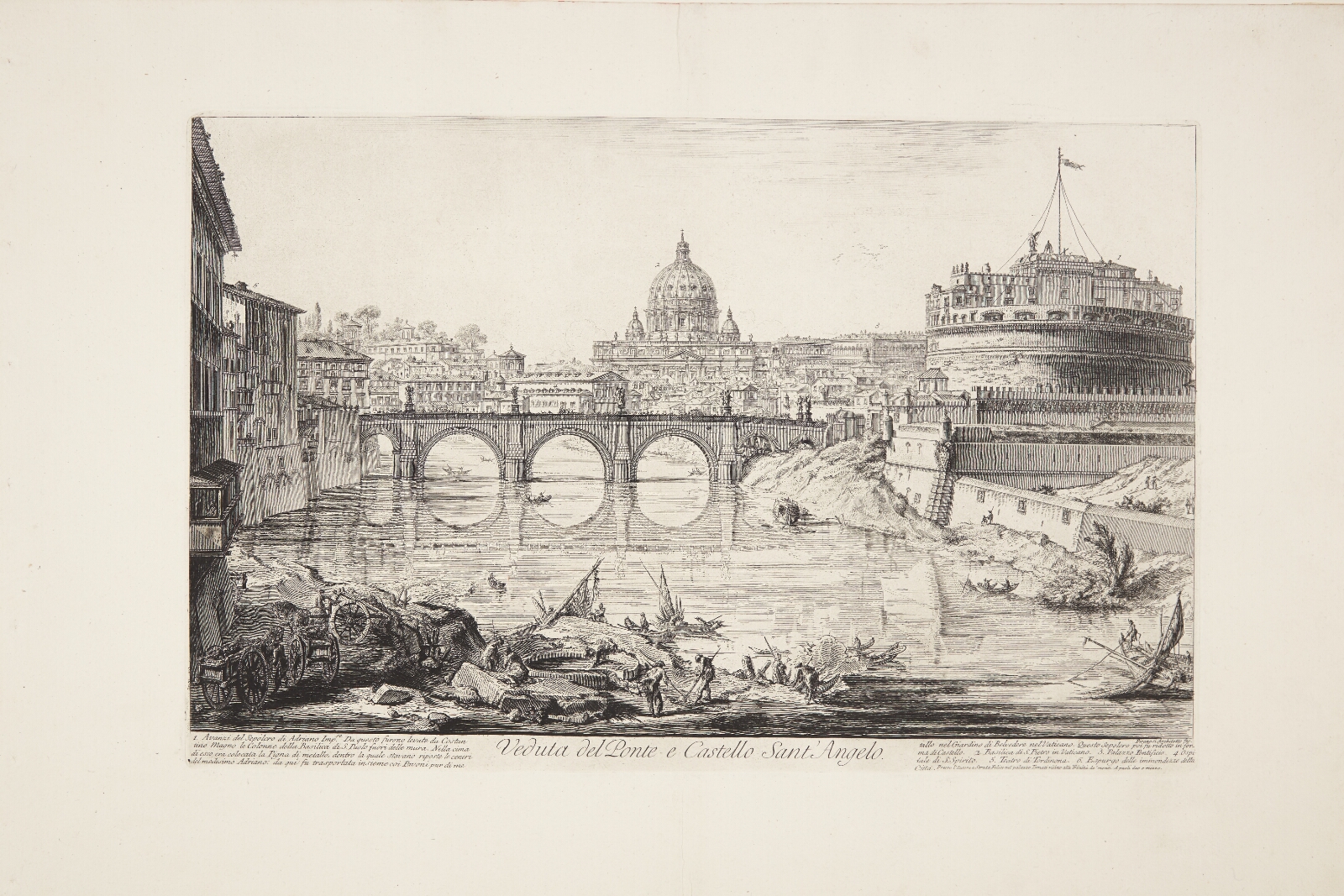 Giovanni Battista Piranesi, Castel Sant' Angelo-broen med kastellet (Hadrians mausoleum), i forgrunden Tiberen med både og i det fjerne Peterskirkens kuppel